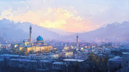 Obraz premium Cityscape at Sunset with Mosque and Mountains