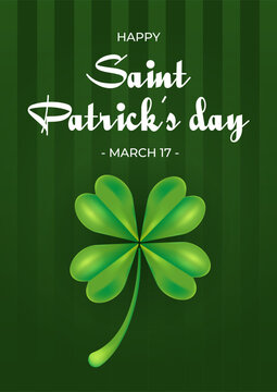 Happy Saint Patricks Day greeting card, postcard, poster. Green quatrefoil on dark green background. Vector illustration on irish holiday theme