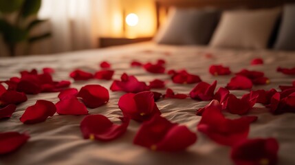 Romantic Bedroom Setting with Scattered Rose Petals on a Bed