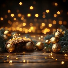 Fototapeta premium Festive golden ornaments on rustic wood, bokeh lights