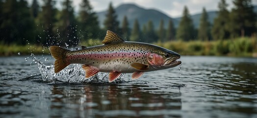 Rainbow trout mid-leap above water, surrounded by splashes and scenic backdrop.


