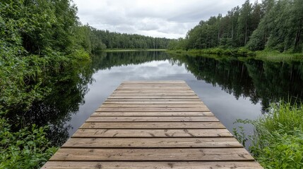 Wooden dock on calm lake, forest background, tranquil scene, nature photography