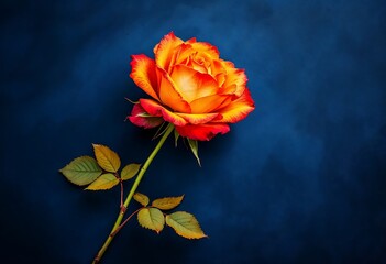 Fototapeta premium Vivid Orange and Yellow Rose on a Deep Blue Background