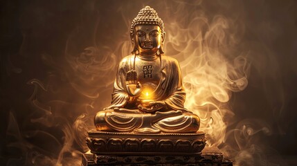 Fototapeta premium A golden Buddha statue surrounded by smoke.