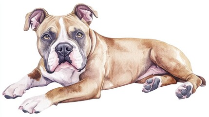 Obraz premium Watercolor Painting of an American Bulldog Lying Down