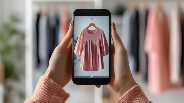 Woman using smartphone app for digital clothing try-on in augmented reality