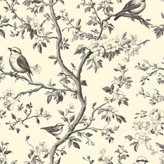 Fototapeta premium Elegant Black And White Birds On Branches Pattern