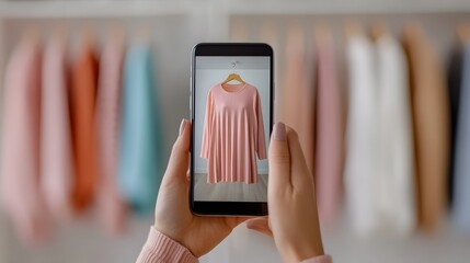 Woman Using Virtual Fitting Room on Smartphone to Try on Clothing Before Purchasing