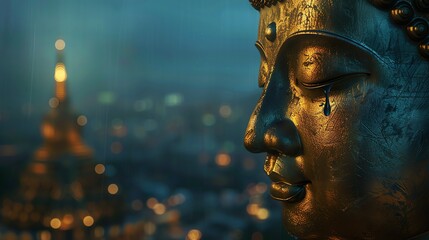 A golden Buddha statue with a single tear running down its cheek, with a cityscape in the background.