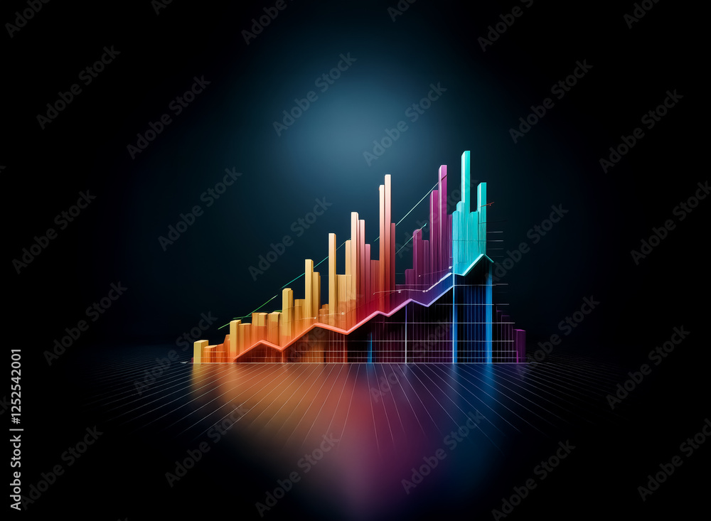 Poster vibrant bar chart against a dark background illustrating growth. colorful bars with reflections indi