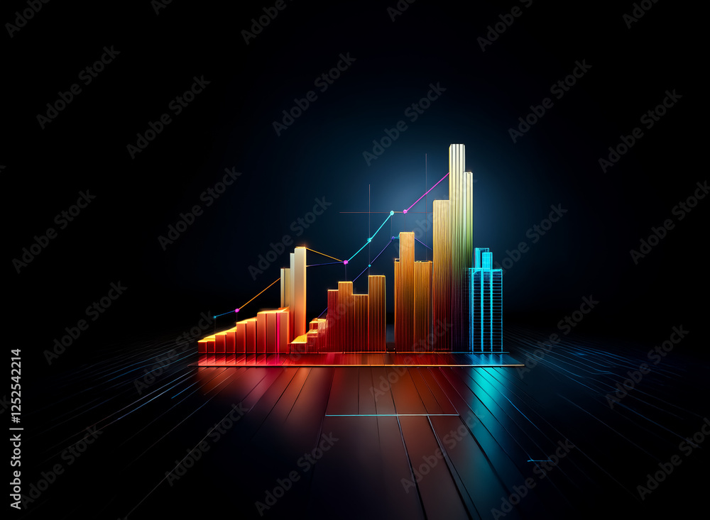 Poster abstract 3d bar chart with vibrant colors and dynamic lines against a dark backdrop. reflective surf