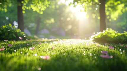 Fototapeta premium Lush Green Meadow with Sunlight Streaming Through Trees in a Scenic Park Landscape