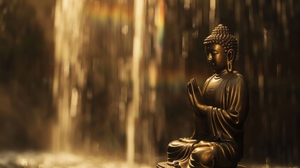A bronze Buddha statue in a meditative pose, with a blurred waterfall in the background.