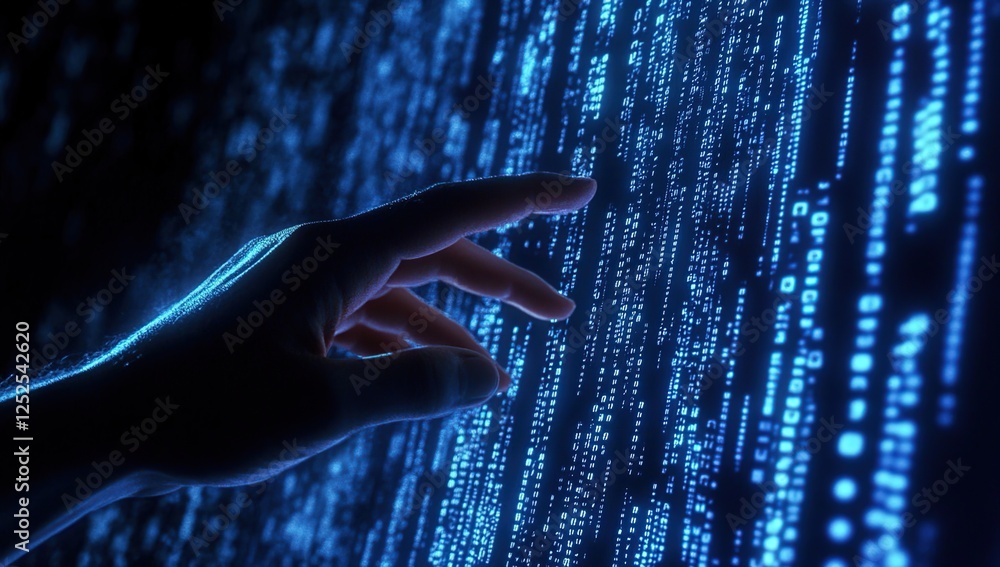 Poster exploring digital worlds: a hand interacts with glowing code streams mysteriously
