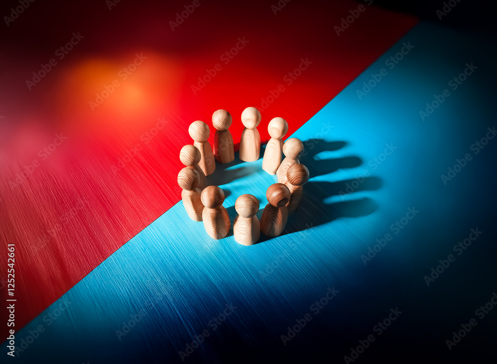 Aufkleber a circle of wooden figures stands on a diagonally split backdrop of bright red and deep blue. the fi