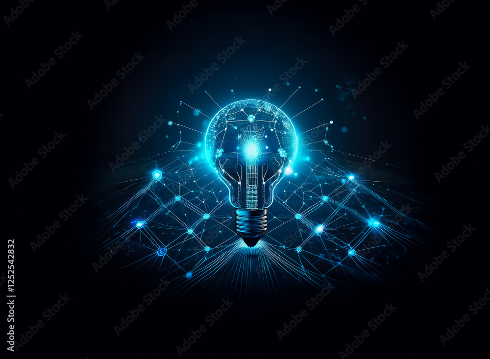 Poster digital light bulb with glowing blue nodes and lines. a network of connections illuminates in the da
