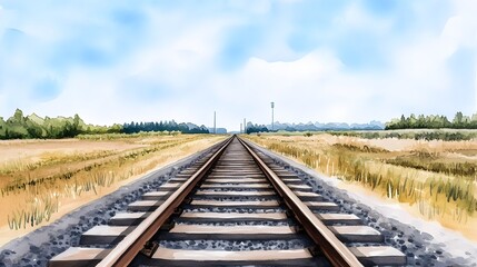 Obraz premium Expansive Railway Tracks Receding into the Watercolor Landscape