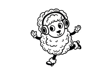 Cartoon vector art illustration of a cute, fluffy lamb wearing headphones and dancing to music