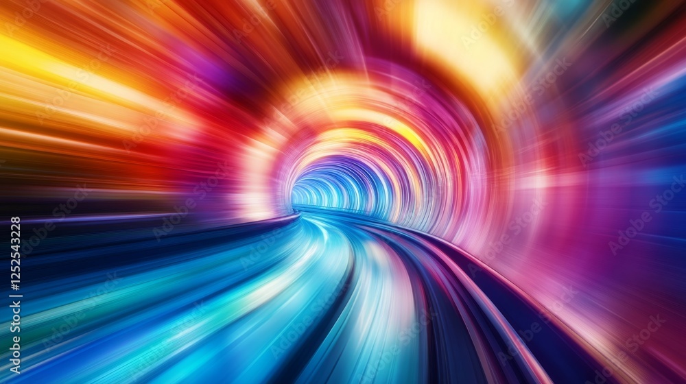 Poster vibrant tunnel with dynamic light trails, colorful abstract art. speed and motion concept