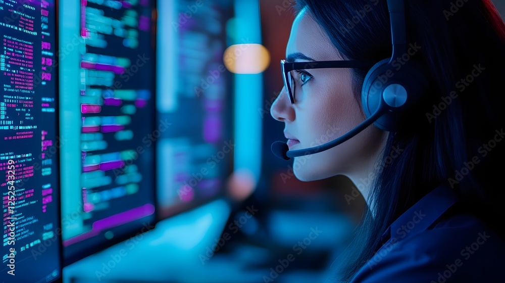 Poster customer service representative assisting with inquiry via headset and crm software