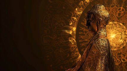 A golden Buddha statue in meditation, with a glowing, swirling background of geometric patterns.