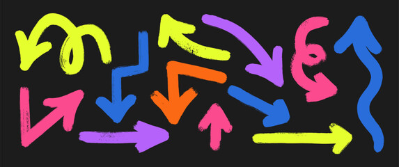 Set of rough hand drawn arrows with paintbrush or marker texture. Vintage ink design. Doodle abstract arrows in different directions. Color vector illustration on a blackboard.