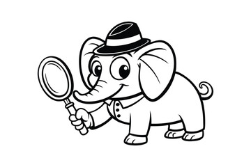 Cartoon vector art illustration of an adorable elephant wearing a little detective hat and holding a magnifying glass