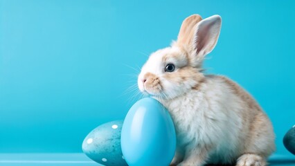 Fototapeta premium Bunny next to blue Easter eggs on turquoise background