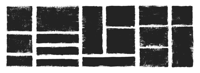 Text boxes and frames with grungy organic textures. Rough brush strokes and rectangle. Vector illustration.