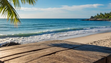 Tranquil beach backdrop with soft palms and bokeh lights behind a wooden tabletop.


