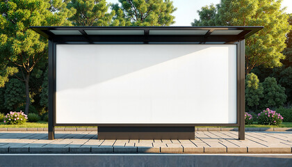 Obraz premium Empty bus stop with blank ad space surrounded by greenery
