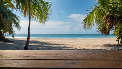 Peaceful seaside scene with clear sky, palm leaves, and an empty table in front.

