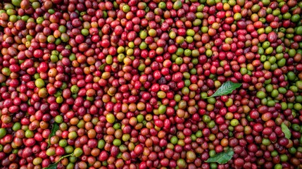 Workers harvesting ripe coffee cherries in a lush coffee cultivation farm.