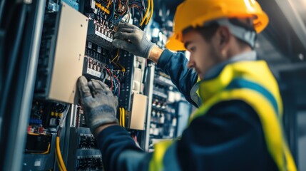 A detailed shot of an electrician installing electrical panels in a commercial skyscraper, Skyscraper electrical installation scene, Electrical system integration style
