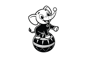 Cartoon vector art illustration of a cute and smiling elephant balancing on a big ball in a circus act