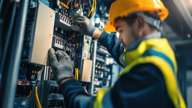 A detailed shot of an electrician installing electrical panels in a commercial skyscraper, Skyscraper electrical installation scene, Electrical system integration style