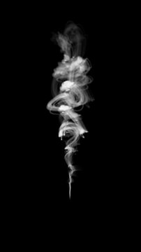 Thin Wisp of White Smoke with very Low Density going up Slowly on a Black Background.