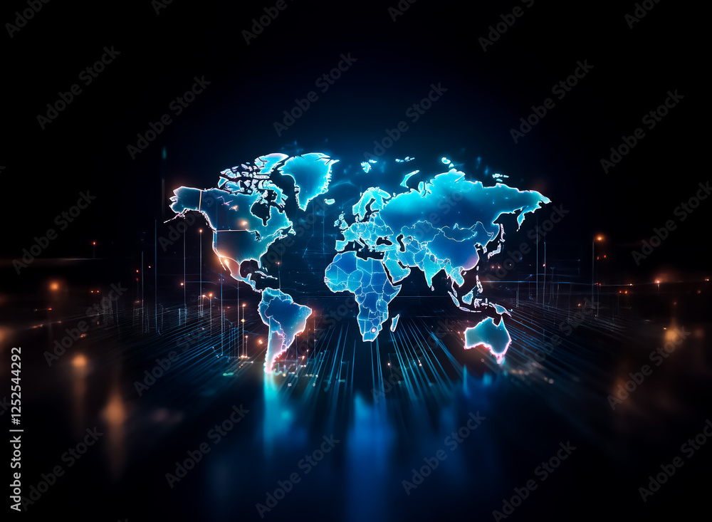 Poster a luminous blue world map is displayed against a dark setting, creating a digital, futuristic atmosp