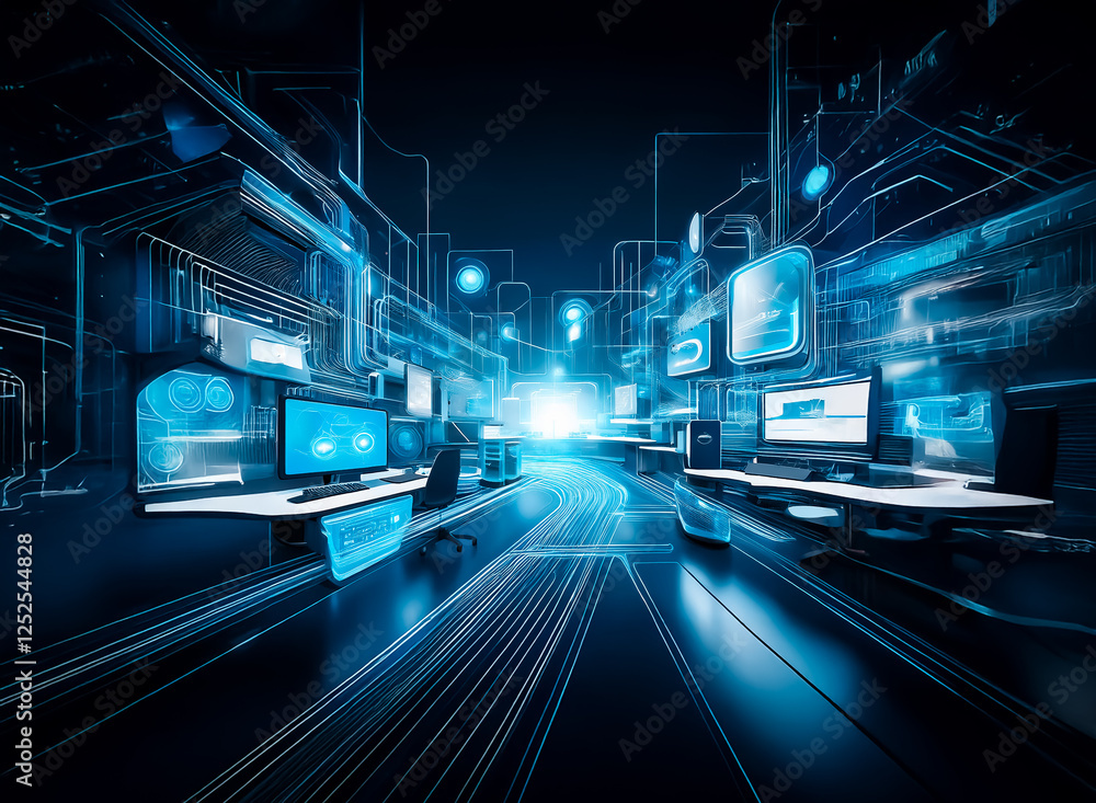 Poster futuristic server room illuminated with blue glowing lines and screens. digital technology and netwo