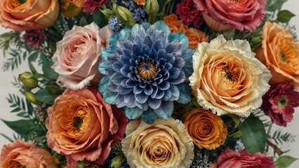 Colorful floral arrangement featuring vibrant roses and a blue chrysanthemum with greenery
