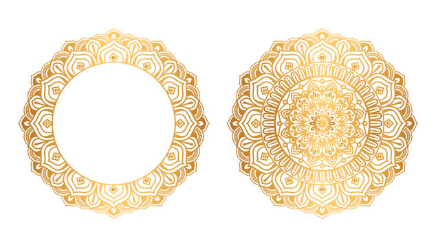 Indian flower mandala art with luxury golden circle frame transparent vintage gold circular pattern