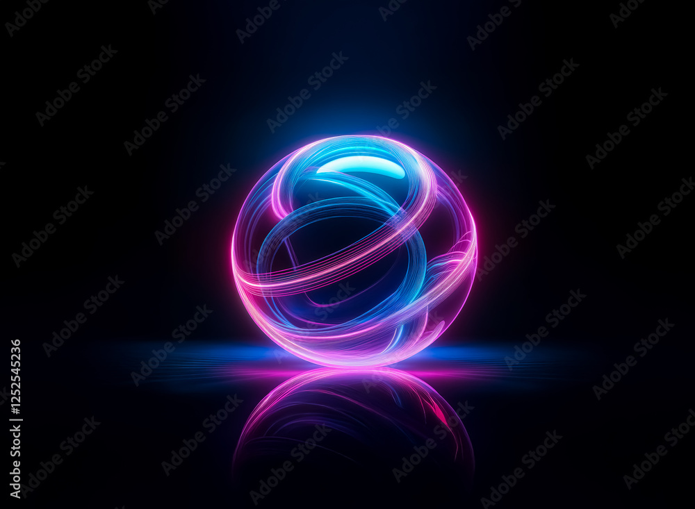 Aufkleber a luminous sphere with swirling pink and blue neon lines is centered against a stark black backdrop 