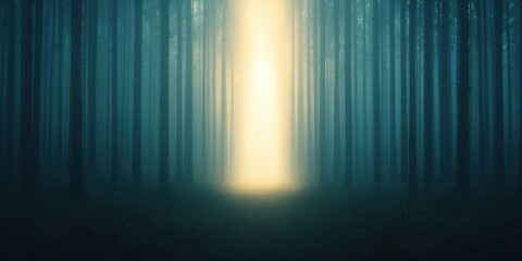 Mysterious light breaking through a dense forest nature scene ethereal atmosphere