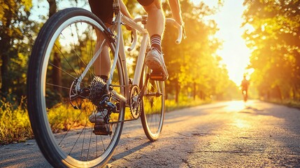 Fototapeta premium Celebrate National Bike Month with a cyclist on sunlit, tree-lined trails, embodying an active lifestyle and a love for nature.