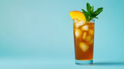 Tall Glass of Chilled Iced Tea with Refreshing Peach and Mint Garnish