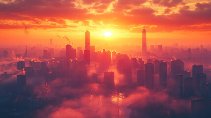 Fototapeta premium Building background with city silhouettes at sunrise, creating a tranquil and inspiring scene