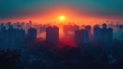 Fototapeta premium Building background with city silhouettes at sunrise, creating a tranquil and inspiring scene