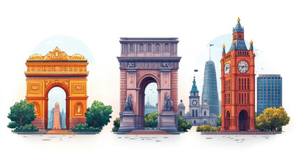 Fototapeta premium Building icons featuring colorful, cartoon-style illustrations of famous global structures