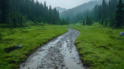 Rainy mountain path, green meadow, foggy forest background; nature travel