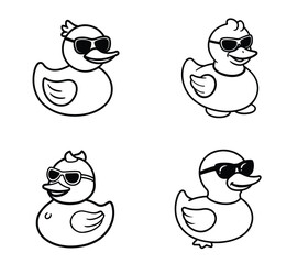 Cool Cartoon Rubber Duck with Sunglasses – Fun Black and White Vector Illustration